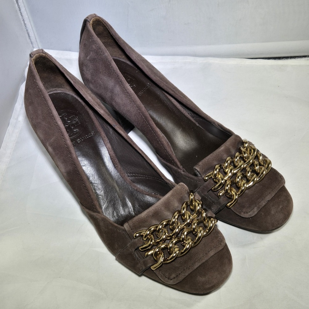 Tory Burch Women's 6M Brown Suede Leather Pumps Block Heel Gold Chain Shoes